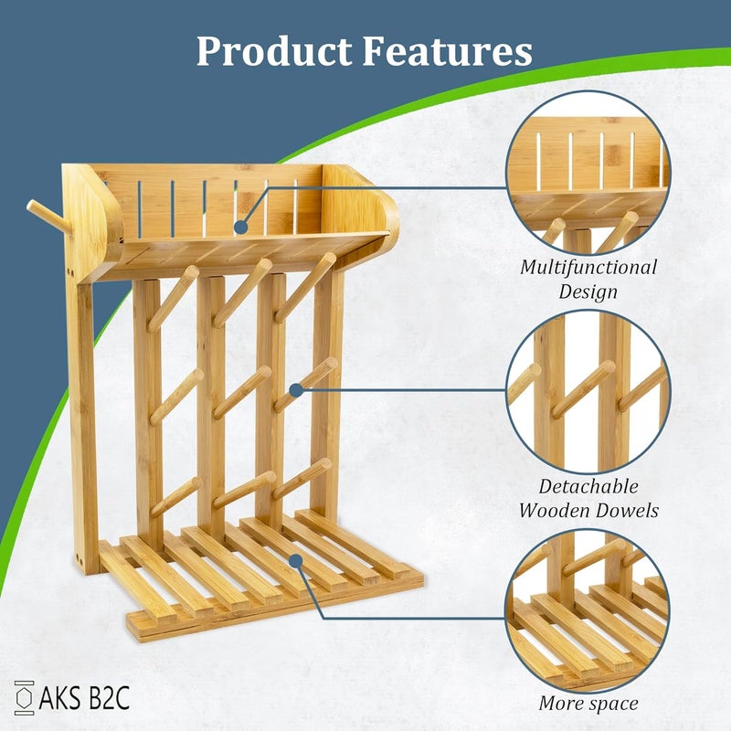 AKS B2C Bamboo Baby Bottle Drying Rack, Vertical Space Saving Kitchen Organizer, 9 Bottle Capacity, Countertop Storage Holder and Bottle Dryer with Draining Base (Comes with a Free Cleaning Brush) - Image 3